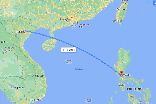 Khoảng cách từ Hà Nội đến Manila là 1.753km