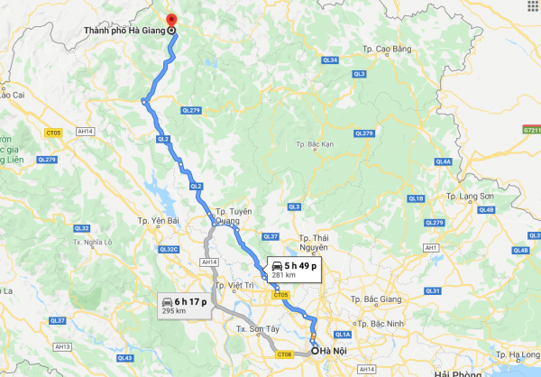 Theo Google Maps thì khoảng cách từ Hà Nội đến Hà Giang khoảng 281km