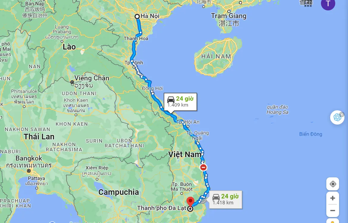 Khoảng cách từ Hà Nội đến Đà Lạt bao nhiêu km?