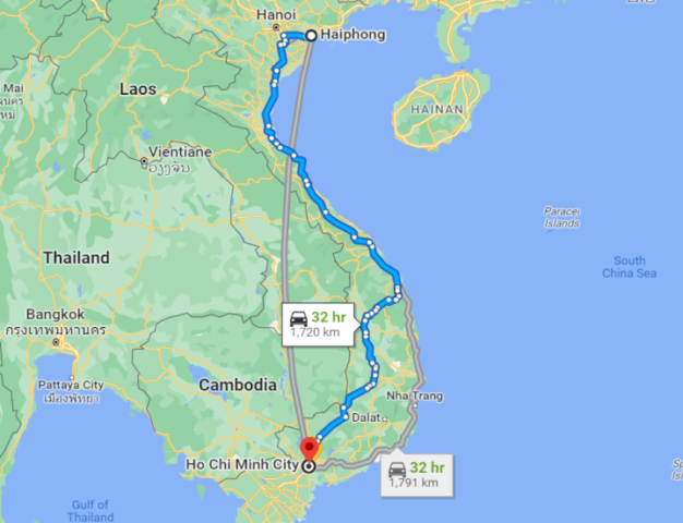 Từ Hải Phòng đi Sài Gòn bao nhiêu km?