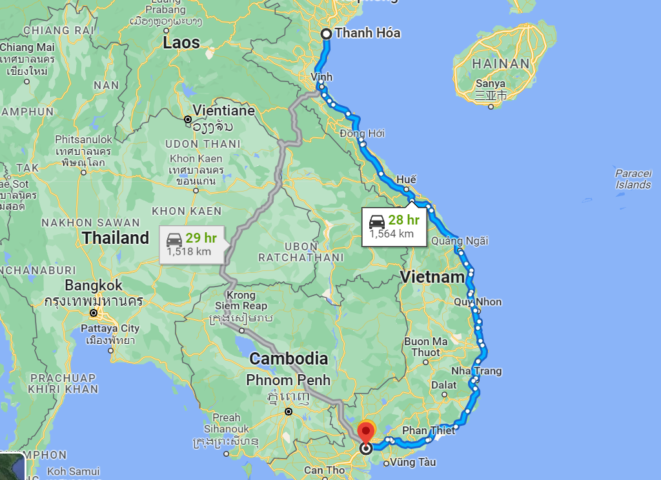 Khoảng cách từ Thanh Hóa đến Sài Gòn là 1483 km