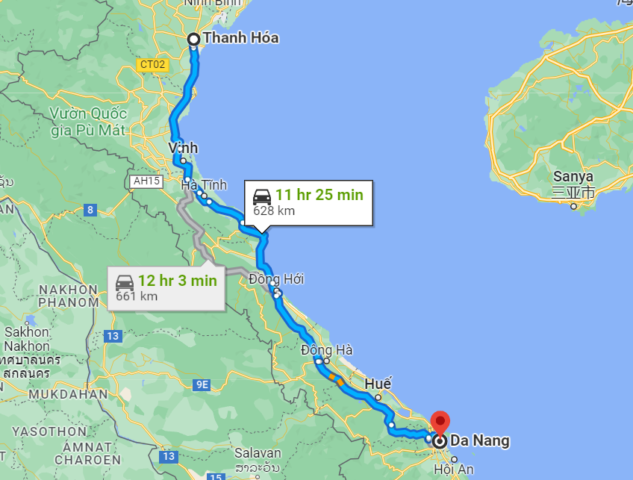 Khoảng cách từ Thanh Hóa đến Đà Nẵng bao nhiêu km?