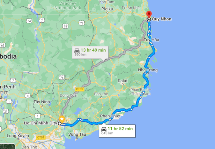 Khoảng cách từ Sài Gòn đến Bình Định bao nhiêu km?