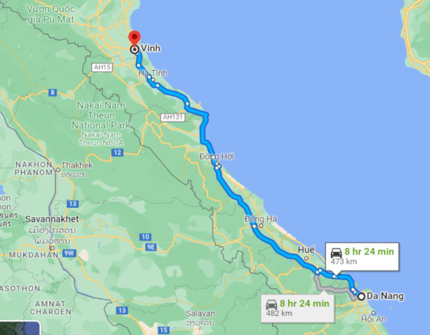 Theo Google Maps thì khoảng cách từ Đà Nẵng đến Nghệ An là 482 km