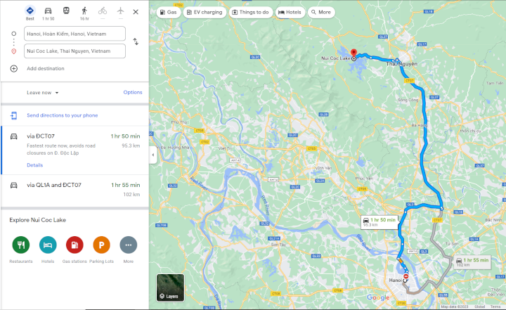 Khoảng cách từ Hà Nội đến hồ Núi Cốc bao nhiêu km?