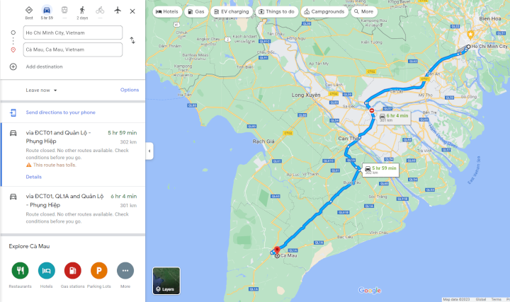 Khoảng cách từ Sài Gòn đến Cà Mau bao nhiêu km?