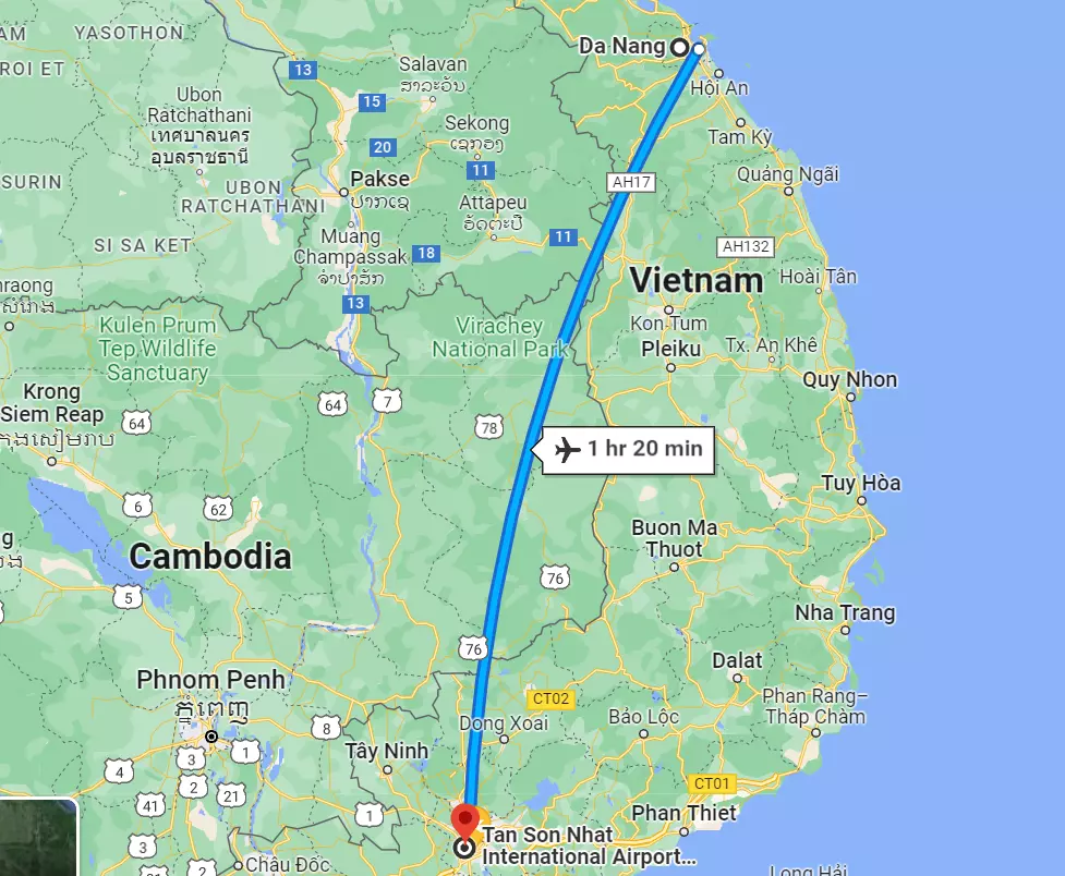 Khoảng cách Đà Nẵng - Sài Gòn theo đường hàng không