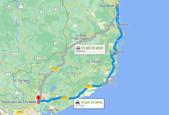 Khoảng cách từ thành phố Quy Nhơn đến thành phố Hồ Chí Minh là 617 km