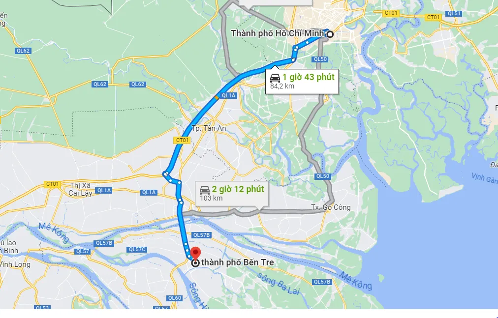 Khoảng cách từ Sài Gòn đến Bến Tre là khoảng là 84.2km