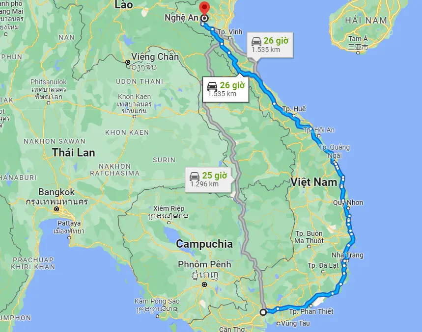 Theo Google Maps thì khoảng cách từ Sài Gòn đến Nghệ An là 1,535 km