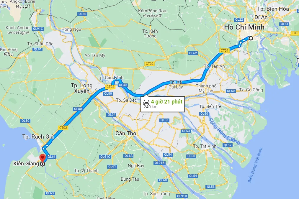 Khoảng cách từ Sài Gòn đến Kiên Giang khoảng 240km