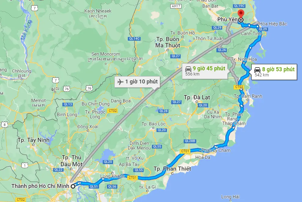 Khoảng cách ngắn nhất từ Sài Gòn đến Phú Yên là 542km