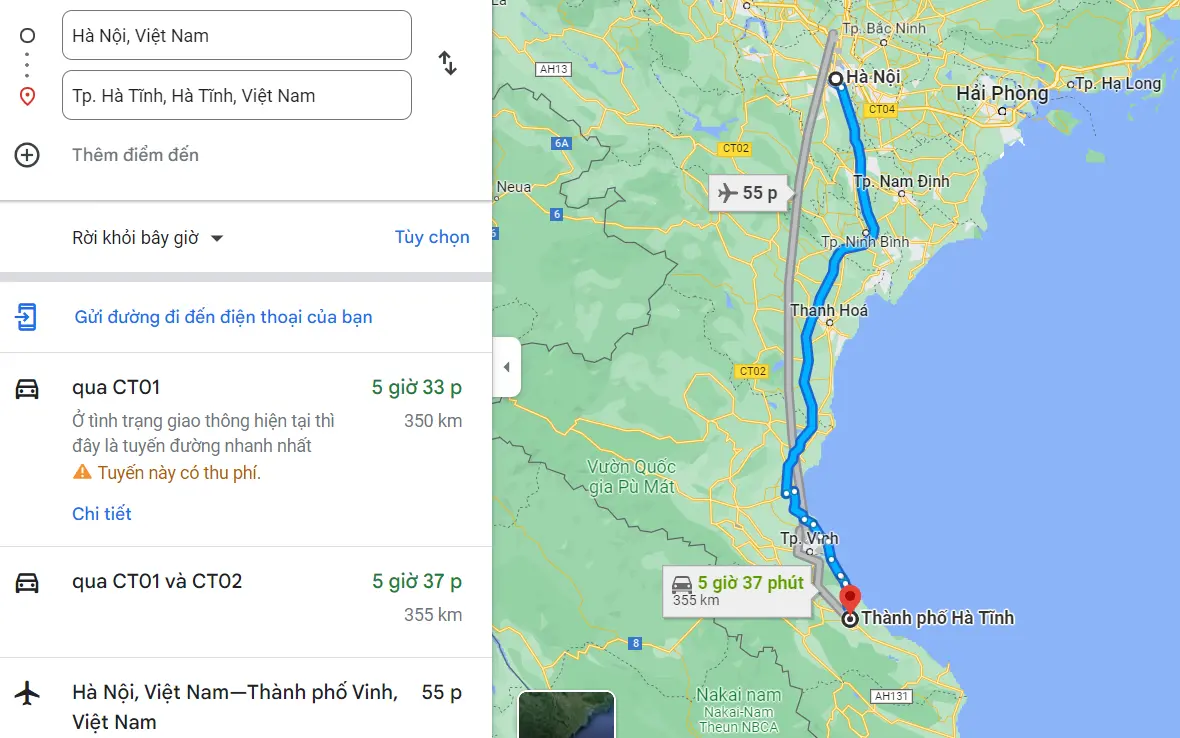 Khoảng cách từ Hà Nội đến Hà Tĩnh là 350km