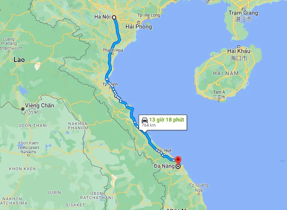 Theo Google Maps thì khoảng cách từ Hà Nội đến Đà Nẵng là 764km