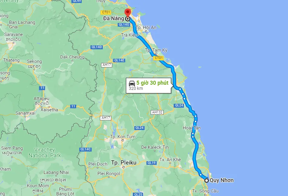 Khoảng cách từ thành phố Quy Nhơn đến Đà Nẵng là 320km