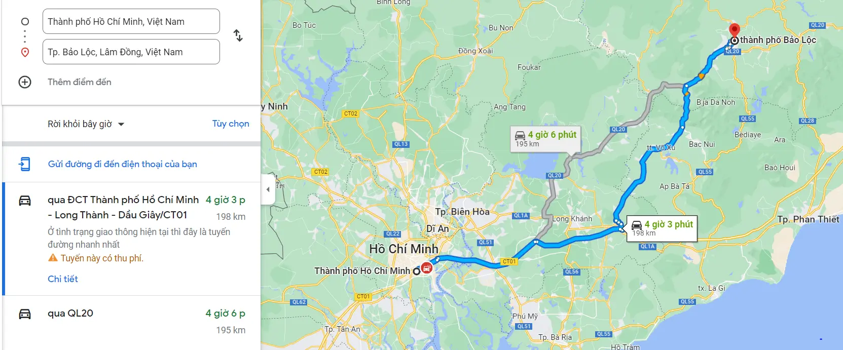 Khoảng cách từ Sài Gòn đến Bảo Lộc là 195km qua quốc lộ 20
