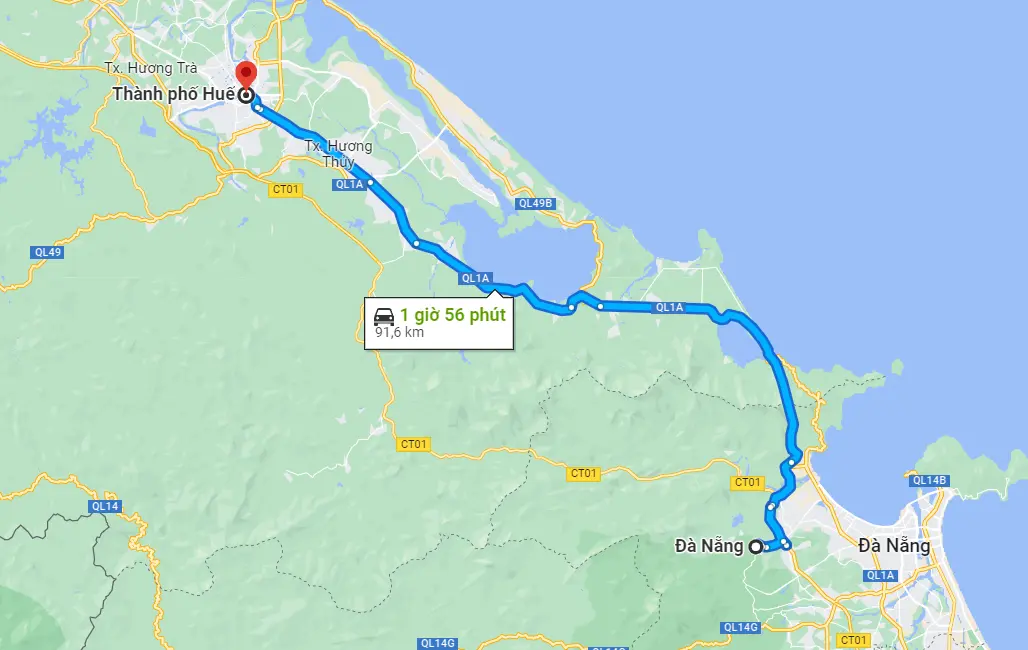 Khoảng cách từ Đà Nẵng đi Huế là 91,6km