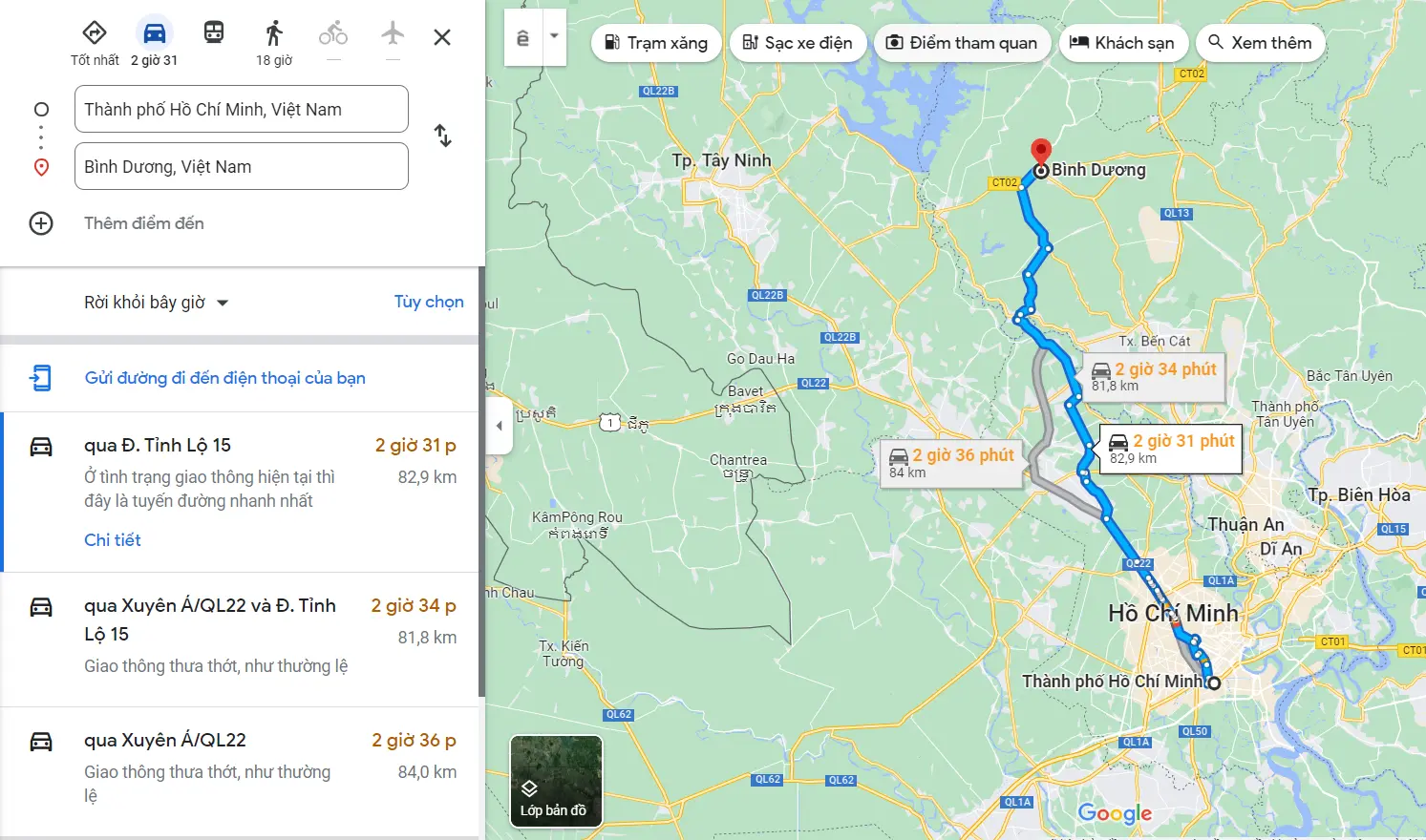 Khoảng cách từ Sài Gòn đến Bình Dương theo dữ liệu Google Maps là 82,9km