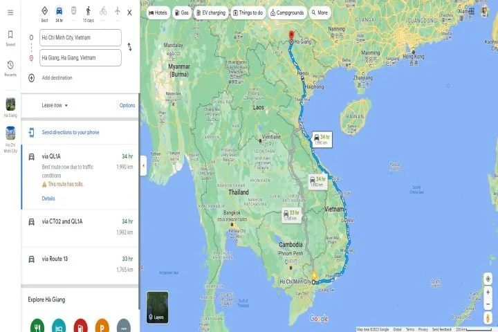 Khoảng cách từ Sài Gòn đến Hà Giang khoảng 1.989,7km