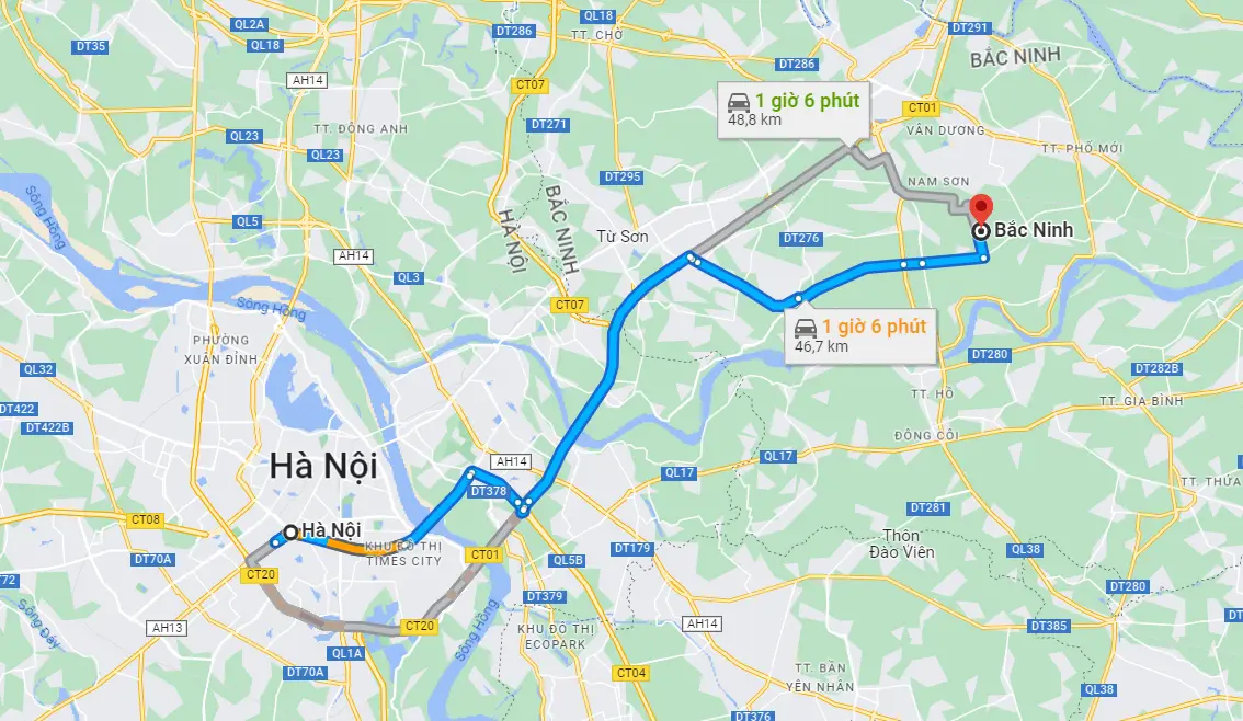 Từ Hà Nội đến Bắc Ninh có khoảng cách là 46,7km