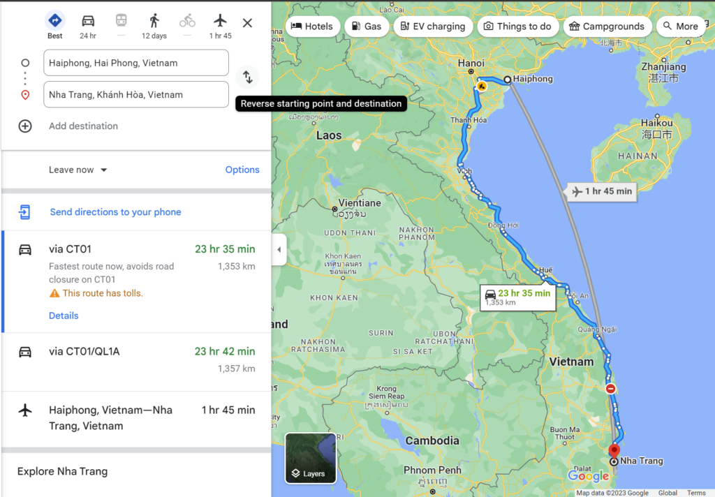 Khoảng cách từ Hải Phòng đến Nha Trang bao nhiêu km?