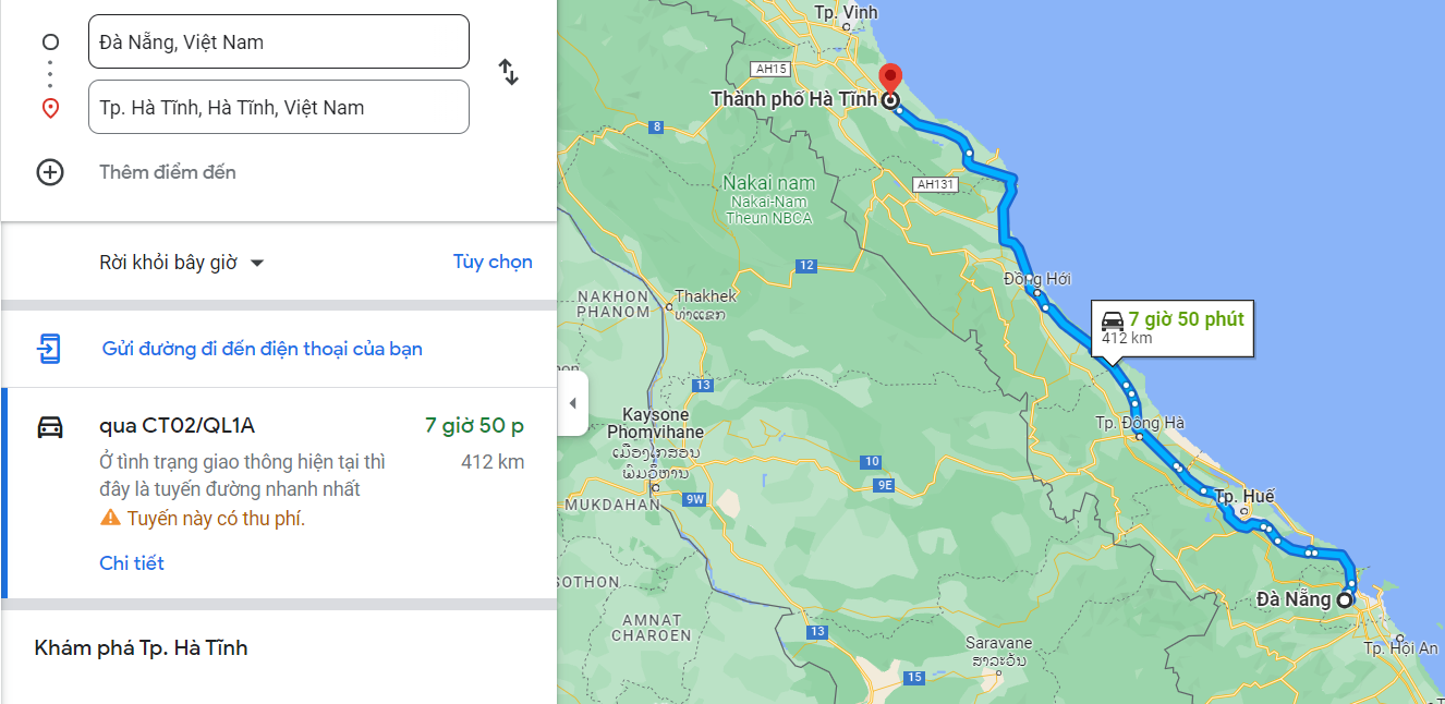 Khoảng cách từ Đà Nẵng đến Hà Tĩnh là 412km