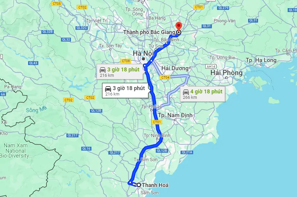 Từ Thanh Hóa đến Bắc Giang có khoảng cách là 216km