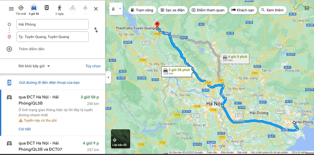 Khoảng cách từ Hải Phòng đến Tuyên Quang bao nhiêu km?