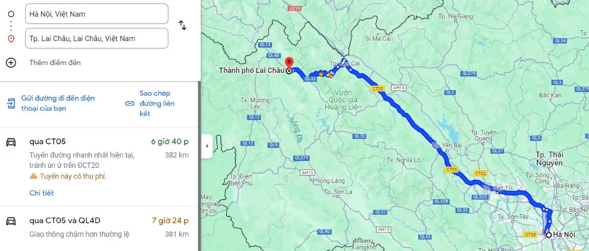 Từ Hà Nội đi Lai Châu có khoảng cách là 382km