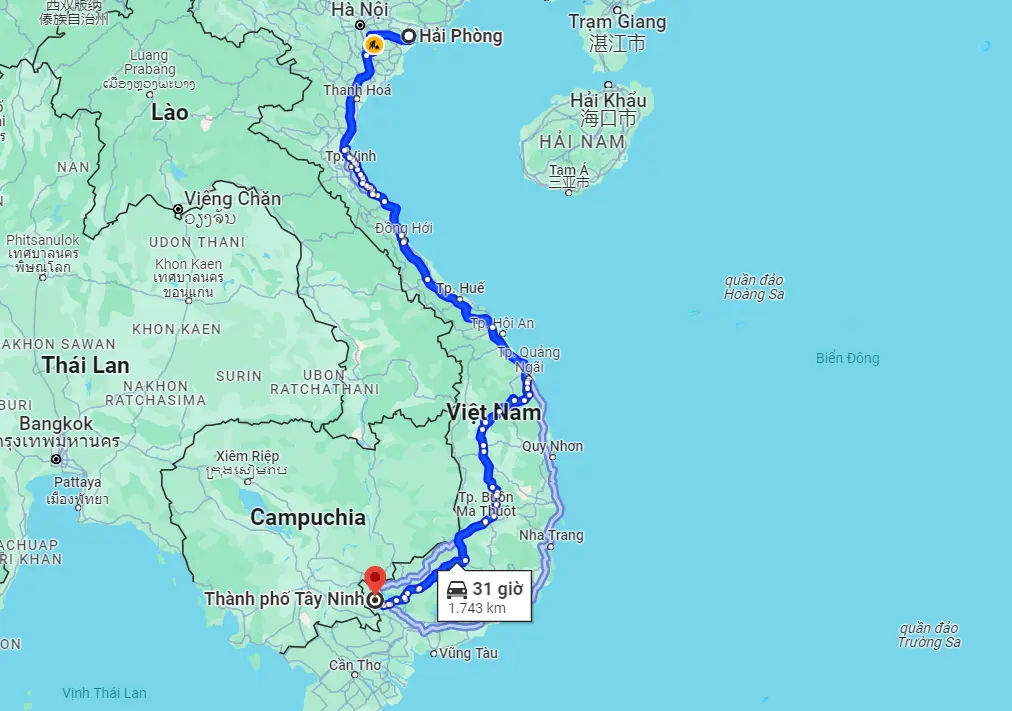 Khoảng cách từ Hải Phòng đến Tây Ninh là 1.743km