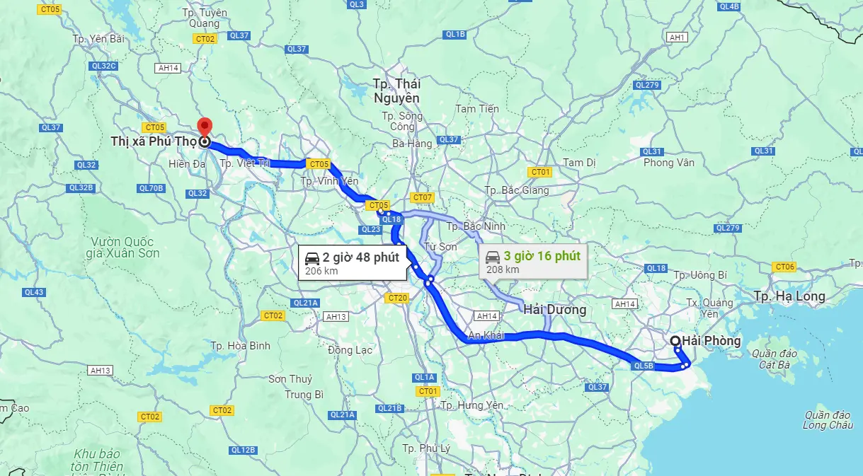 Khoảng cách từ Hải Phòng đến Phú Thọ là 206km