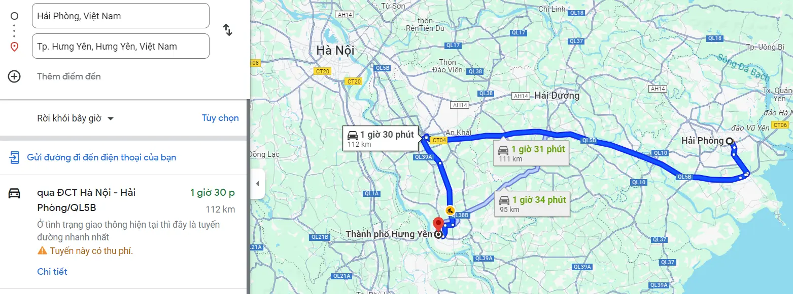 Khoảng cách từ Hải Phòng đến Hưng Yên là 112km