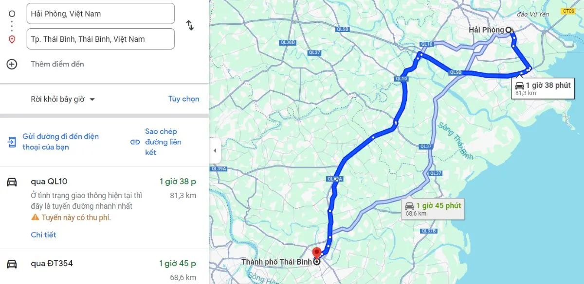 Khoảng cách từ Hải Phòng đến Thái Bình theo số liệu từ Google Maps