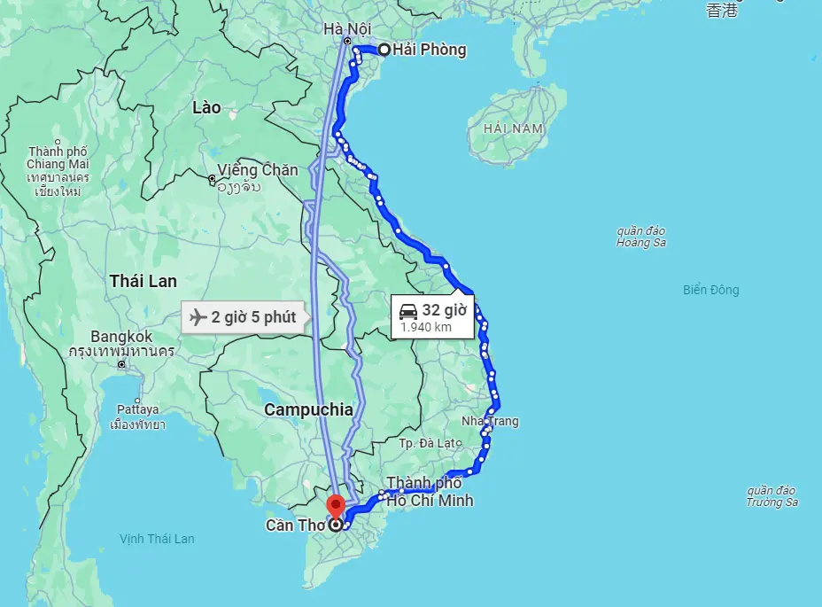 Khoảng cách từ Hải Phòng đến Cần Thơ là 1.940km