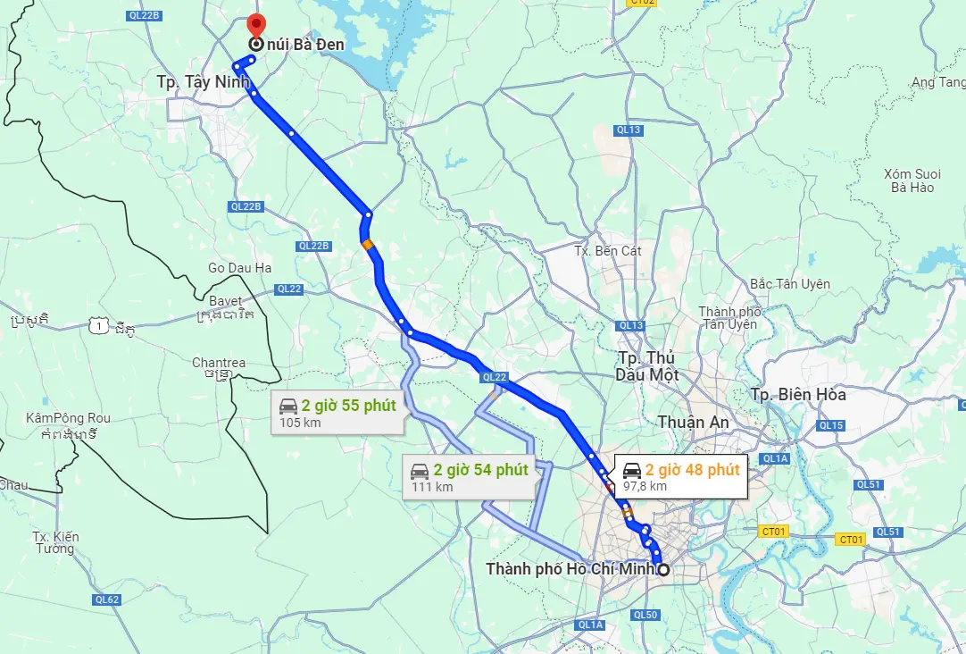 Khoảng cách từ Sài Gòn đến núi Bà Đen là 97,8km