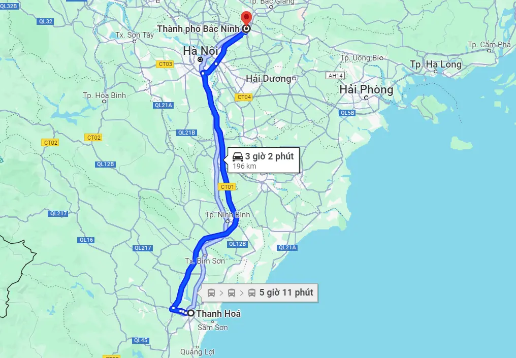 Khoảng cách từ Thanh Hóa đến Bắc Ninh theo số liệu Google Maps là 196km