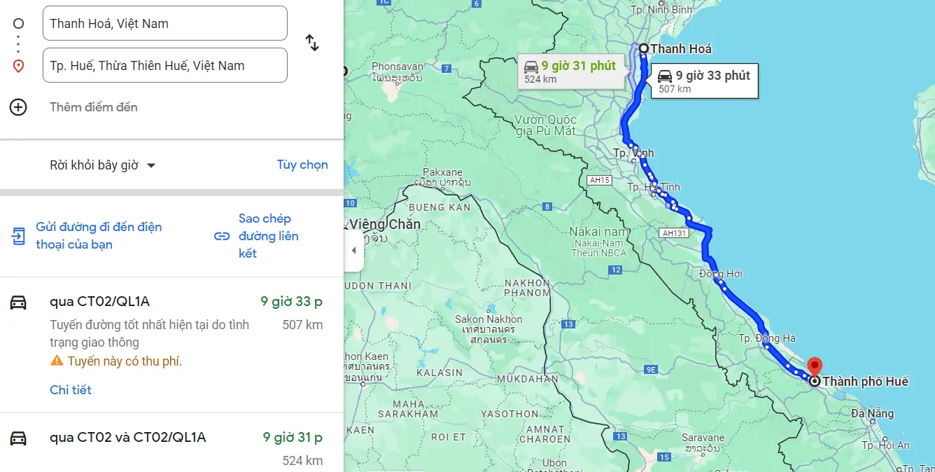 Khoảng cách từ Thanh Hóa đến Huế là 507km