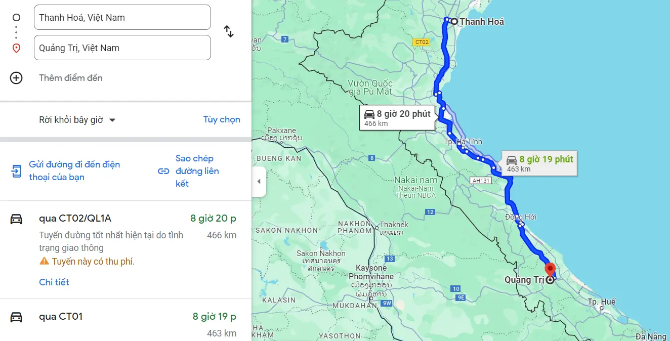Từ Thanh Hóa đến Quảng Trị có khoảng cách là 466km