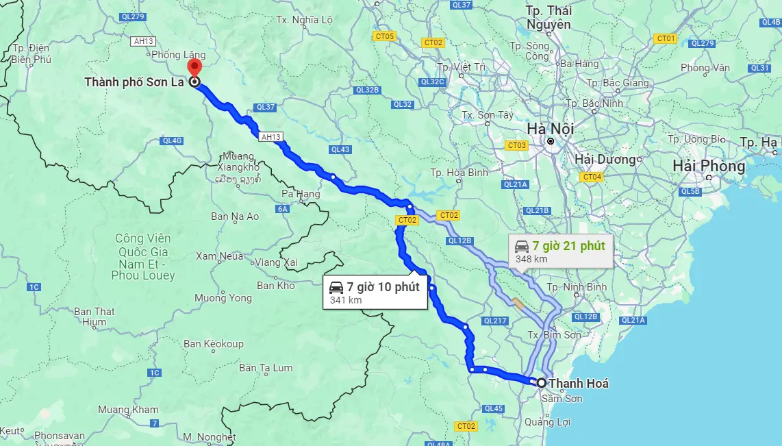 Khoảng cách từ Thanh Hóa đến Sơn La là 341km