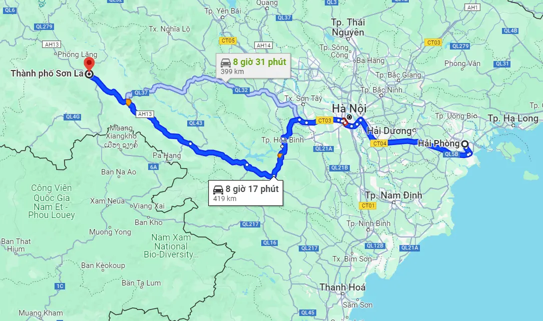 Khoảng cách từ Hải Phòng đến Sơn La theo dữ liệu từ Google Maps