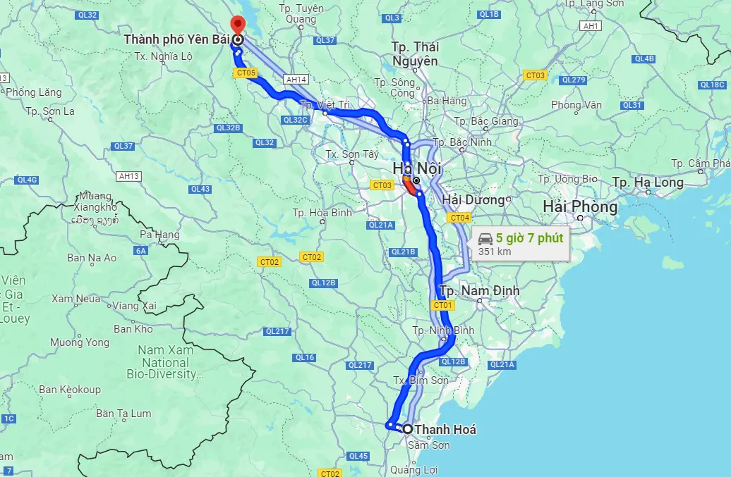 Khoảng cách từ Thanh Hóa đến Yên Bái là 351km