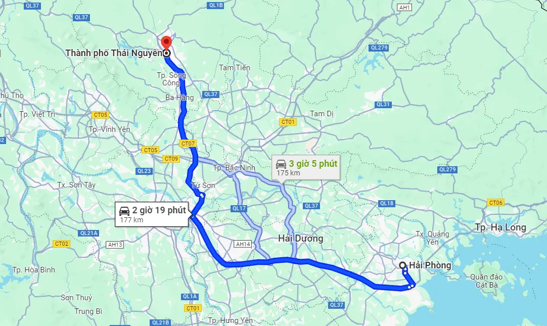 Khoảng cách từ Hải Phòng đến Thái Nguyên theo số liệu từ Google Maps