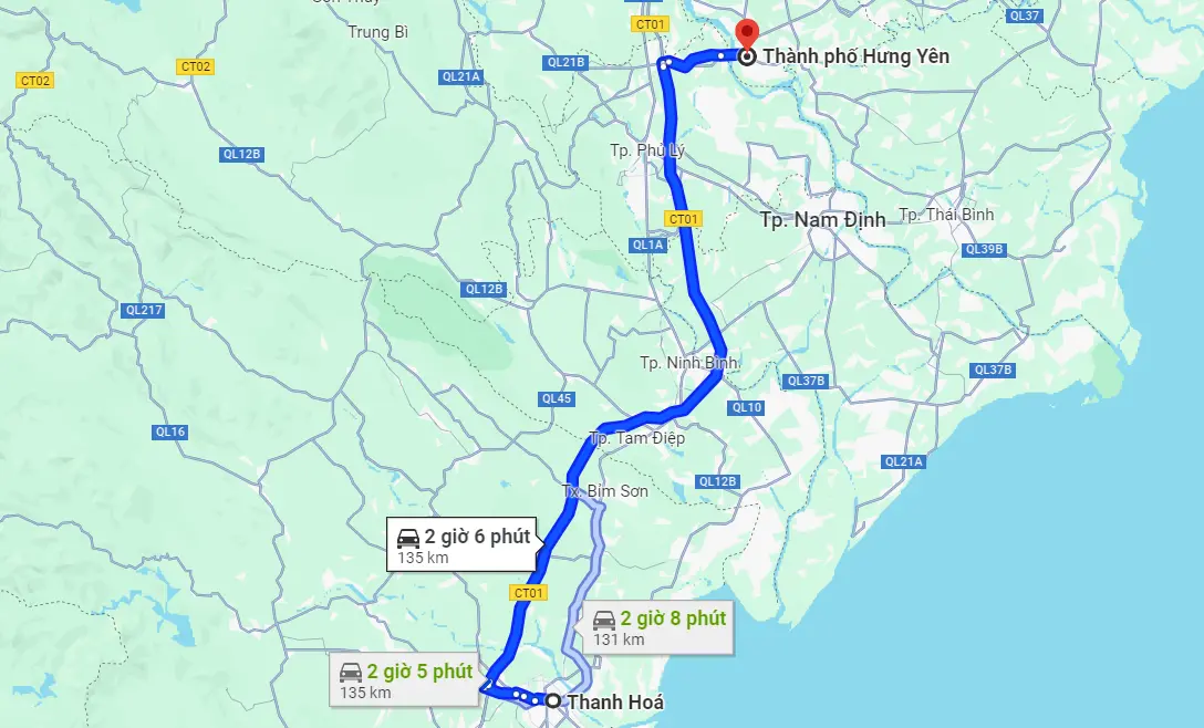Khoảng cách từ Thanh Hóa đến Hưng Yên theo số liệu từ Google Maps