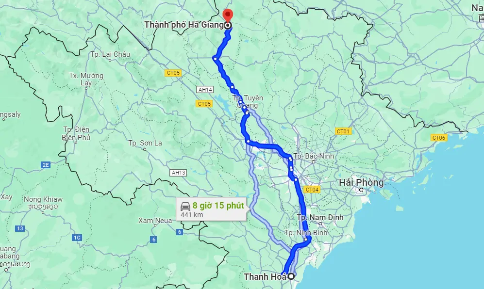 Khoảng cách từ Thanh Hóa đến Hà Giang là 456km